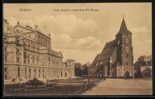 AK Krakow, Teatr miejski z kosciolem Sw Krzyza