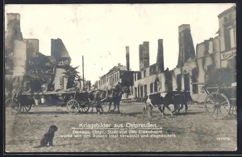 AK Domnau, Strasse in der von den Russen zerstörten Stadt