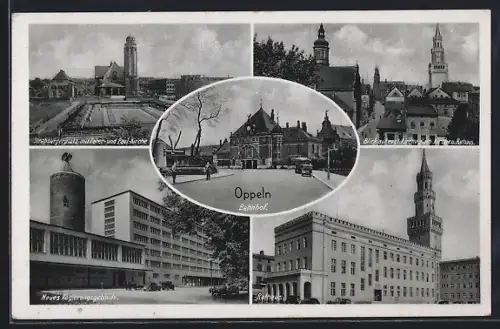 AK Oppeln, Bahnhof, Strassburgerplatz, Neues Regierungsgebäude, Rathaus, Kirchen
