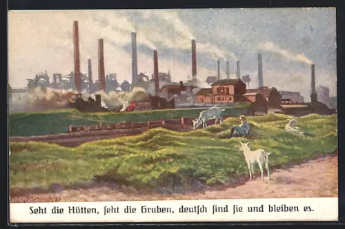 Künstler-AK Bobrek, Julienhütte mit Ziegenhirte