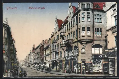 AK Gleiwitz, Wilhelmstrasse mit Geschäften