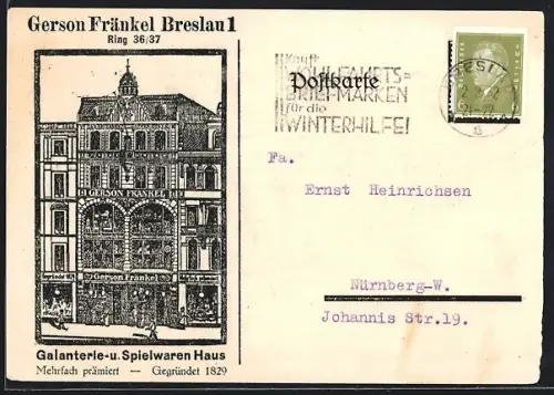AK Breslau, Galanterie- u- Spielwaren-Haus Gerson Fränkel, Ring 36 /37