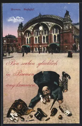AK Bremen, Bahnhof, Mann fällt auf den Vorplatz und verliert seine Sachen