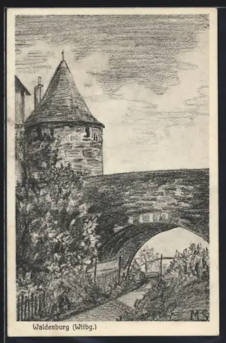 Künstler-AK Waldenburg / Württ., Turm und Torbogen