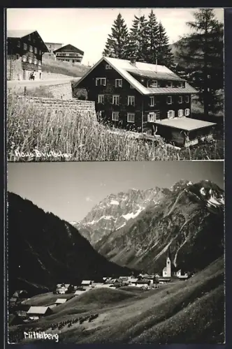 AK Mittelberg / Oy, Hotel-Pension Haus Brutscher, Ortsansicht aus der Vogelschau