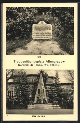 AK Altengrabow, Truppenübungsplatz, Denkmal der ehem. 234.Inf. Div., Kriegerdenkmal 1914-18