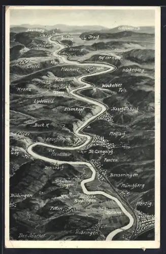 AK Mettlach /Saar, Landkarte mit Saar und angrenzenden Ortschaften