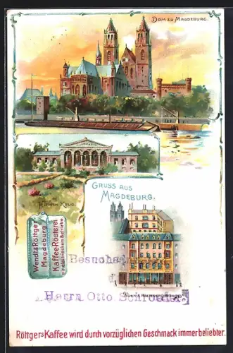 Lithographie Magdeburg, Wohn- und Rösterei-Gebäude Röttgers Kaffee, Dom, Herren-Krug