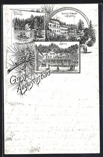 Lithographie Augustusbad, Curhaus, Galerie-Gebäude u. Curgarten, Teich mit Eremitage