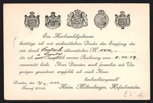 AK Dresden, Rechnungskarte Hofschneider Heinz Miltenberger, Neumarkt 13