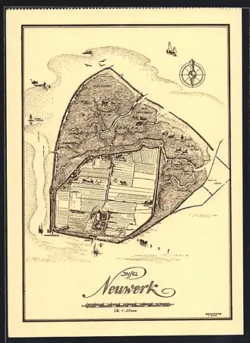AK Hamburg-Insel Neuwerk, Massstäbliche Karte der Insel