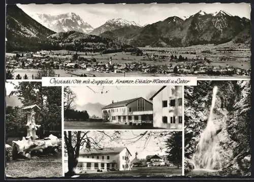 AK Ohlstadt /Obb., Panorama mit Ortschaft, Ortpartien und Wasserfall