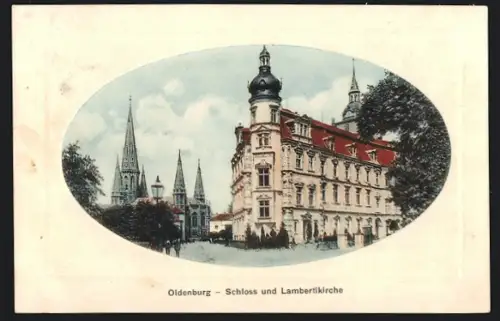 AK Oldenburg / Gr., Schloss und Lambertikirche im Passepartout