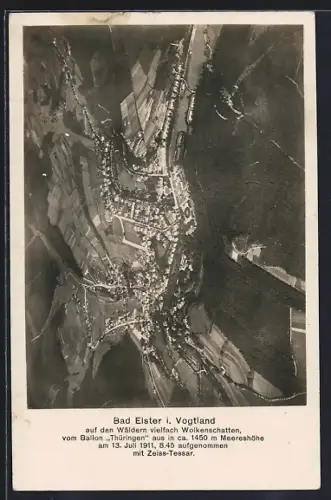 AK Bad Elster i. Vogtland, Gesamtansicht vom Ballon Thüringen aufgenommen am 13. Juli 1911 in ca. 1450 m Höhe