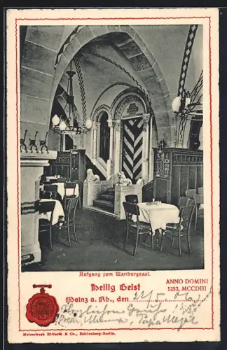 AK Mainz a. Rh., Gasthaus Heilig Geist, Aufgang zum Wartburgsaal