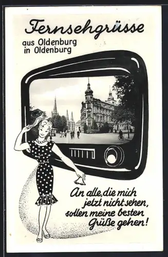AK Oldenburg / Gr., Teilansicht im TV-Gerät, Frau winkt zum Abschied