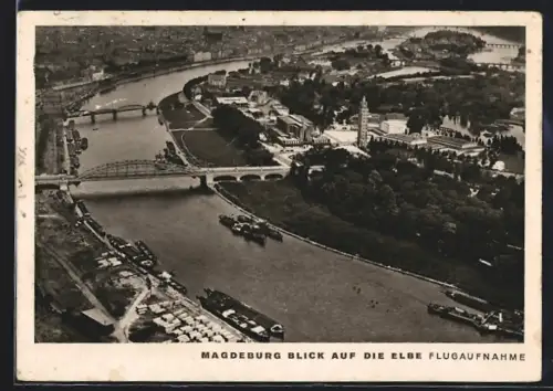 AK Magdeburg, Teilansicht mit Elbe aus der Vogelschau