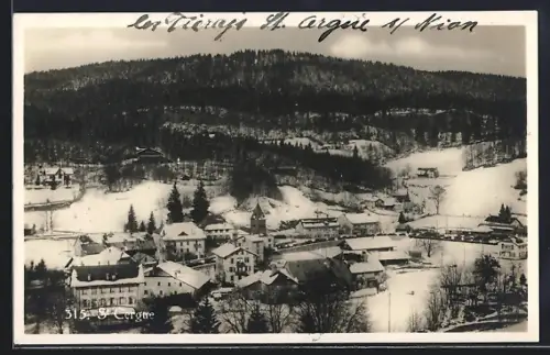 AK St. Cergue, Ortsansicht mit Kirche im Winter
