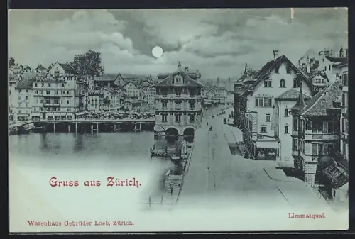 Mondschein-AK Zürich, Limmatquai mit Ortspanorama aus der Vogelschau