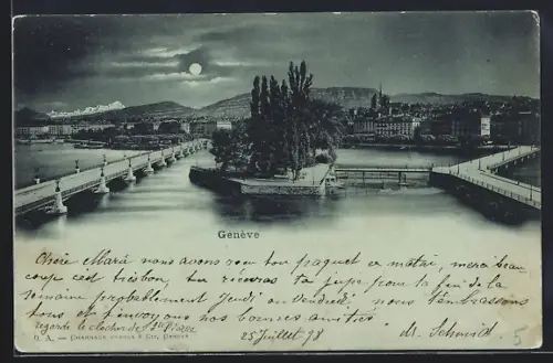 Mondschein-AK Genève, Ortspanorama mit Quais aus der Vogelschau