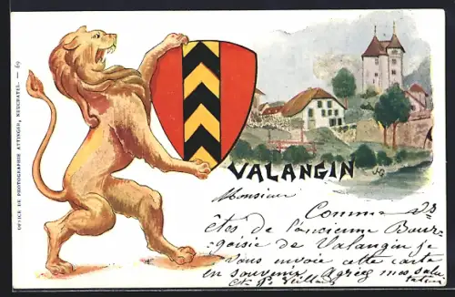 Lithographie Valangin, Ortsansicht, Löwe mit Wappenschild