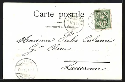 Lithographie Valangin, Ortsansicht, Löwe mit Wappenschild