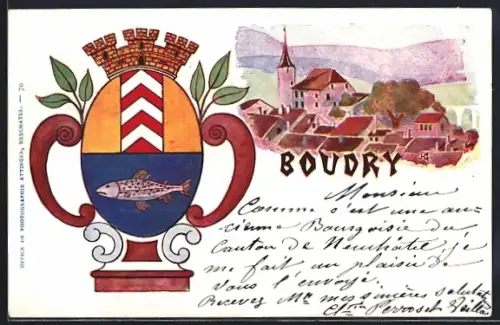 AK Boudry, Vue générale, Ortsansicht mit Kirche, Wappen