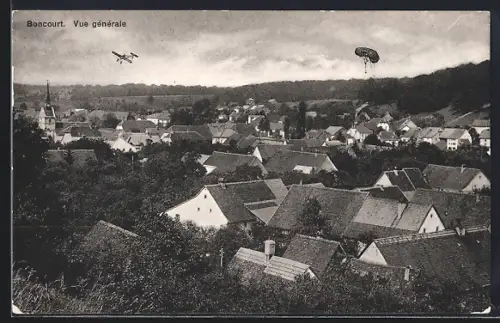 AK Boncourt, Vue générale, Ortsansicht mit Flugzeug und Ballon