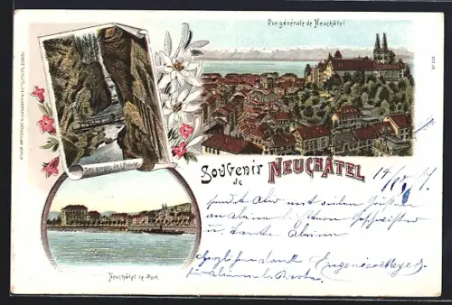 Lithographie Neuchatel, Vue générale, Le Port, Les Gorges de l`Areuse