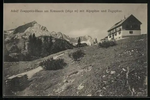 AK Adolf Zoeppritz-Haus am Kreuzeck mit Alpspitze und Zugspitze