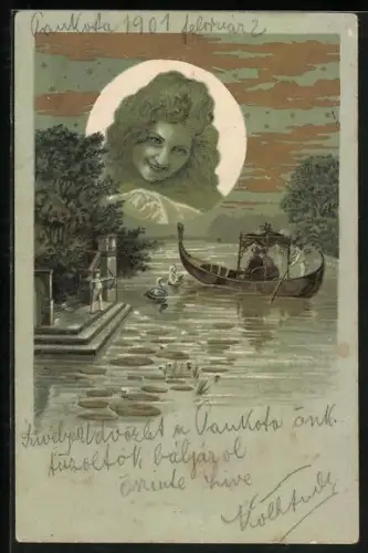 Lithographie Engel lenkt ein Boot, Amor zielt auf das Paar im Boot, der Mond beobachtet sie, Jugendstil