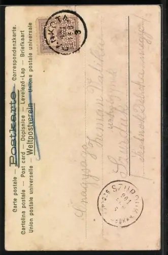 Lithographie Engel lenkt ein Boot, Amor zielt auf das Paar im Boot, der Mond beobachtet sie, Jugendstil