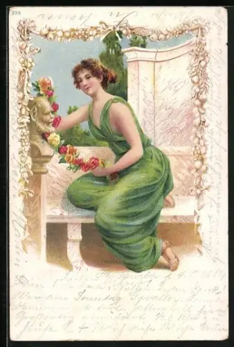 Lithographie Dame mit einer Girlande Rosen, Jugendstil