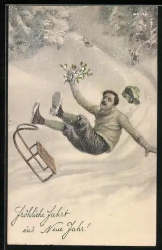 Künstler-AK Mann mit Mistelzweig fällt von seinem Schlitten, Fröhliche Fahrt ins neue Jahr