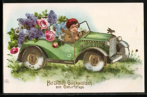 AK Kleiner Junge im Auto bringt Blumen zum Geburtstag