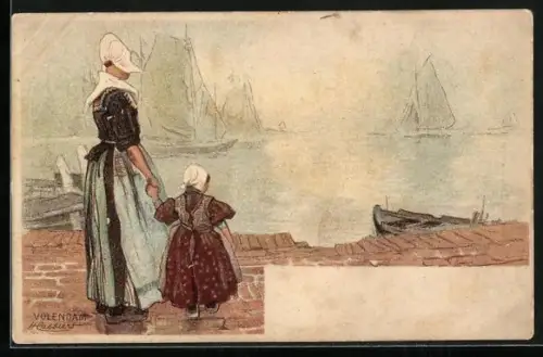 Künstler-AK H. Cassiers: Niederländische Mutter mit ihrer Tochter in Trachten schauen aufs Meer hinaus