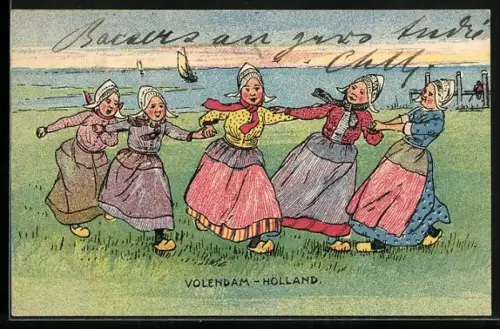 AK Volendam, Fünf Holländer Mädchen in Trachten auf der Wiese