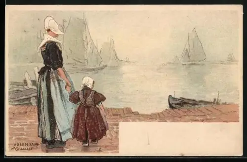 Künstler-AK H. Cassiers: Niederländische Mutter mit ihrer Tochter in Trachten schauen aufs Meer hinaus