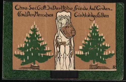 Künstler-AK Soldat mit Schwert und Schild mit Weihnachtsbäumen