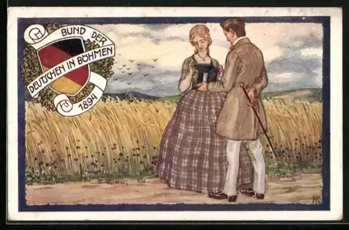AK Liebespaar in Kornfeldern, Bund der Deutschen in Böhmen 1894