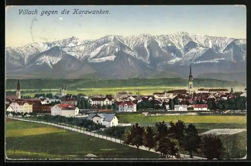 AK Villach, Ortspanorama gegen die Karawanken