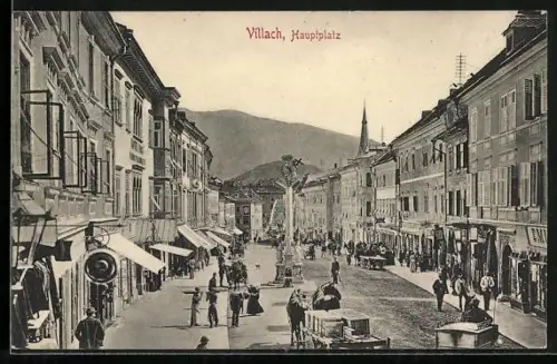 AK Villach, Hauptplatz mit Geschäften, Mariensäule, Leute, Fuhrwerke