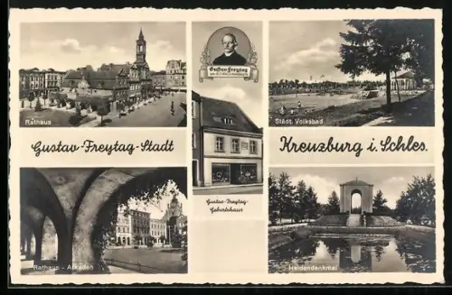 AK Kreuzburg, Heldendenkmal, Rathaus-Arkaden, Städ. Volksbad, Rathaus