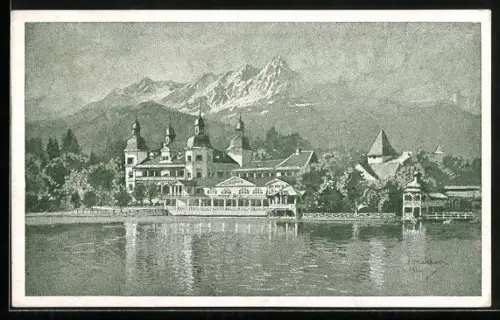 Künstler-AK Velden am Wörthersee, Blick auf den Ort vom See aus