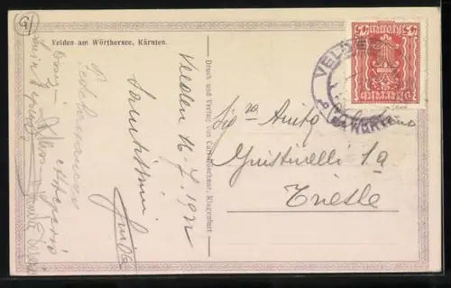 Künstler-AK Velden am Wörthersee, Blick auf den Ort vom See aus