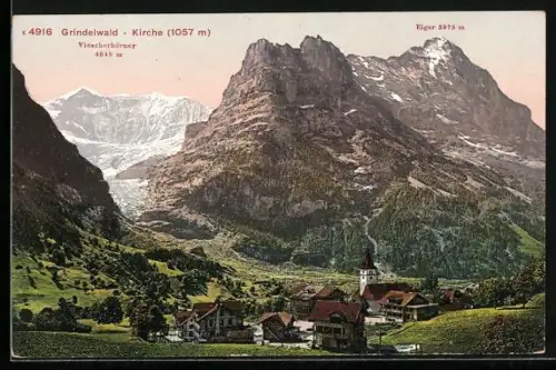 AK Grindelwald, Ortsansicht mit Kirche, Eiger und Viescherhörner
