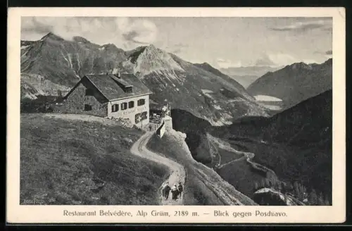 AK Alp Grüm, Restaurant Belvedere, Blick gegen Poschiavo