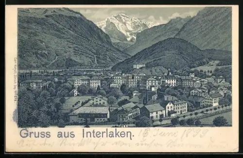 Lithographie Interlaken, Ortsansicht gegen die Berge