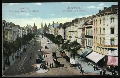 AK Anvers, Panorama, Avenue De Keyser, Strassenbahn