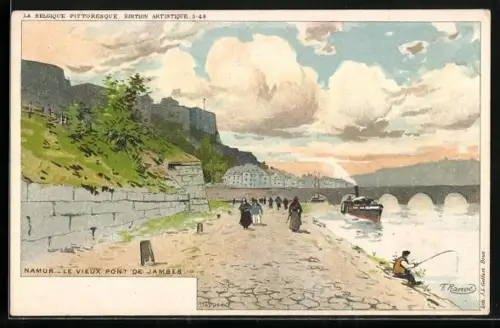 Künstler-AK F. Ranot: Namur, le vieux Pont de Jambes, Angler